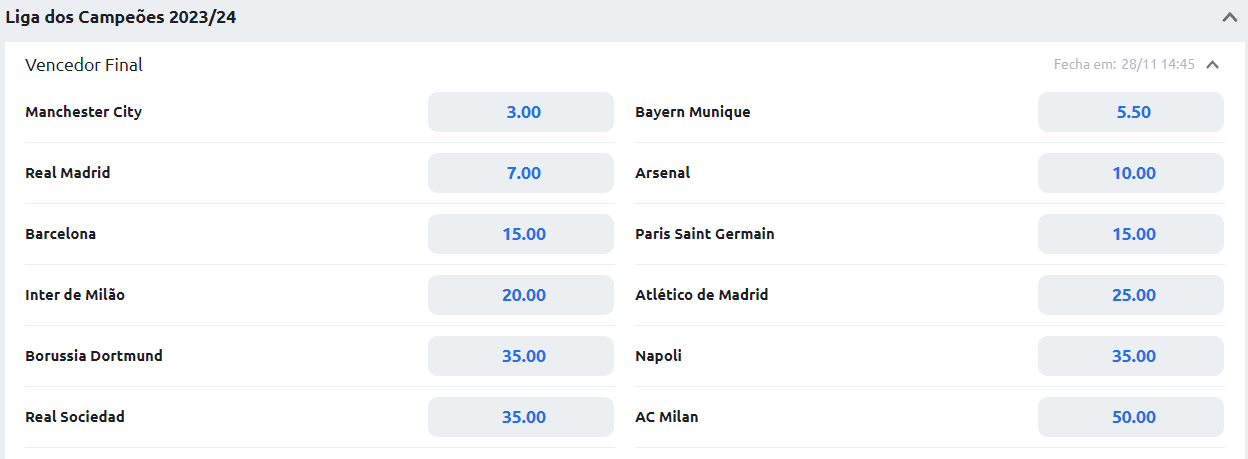 Cotações na Betano (24/11/2023)