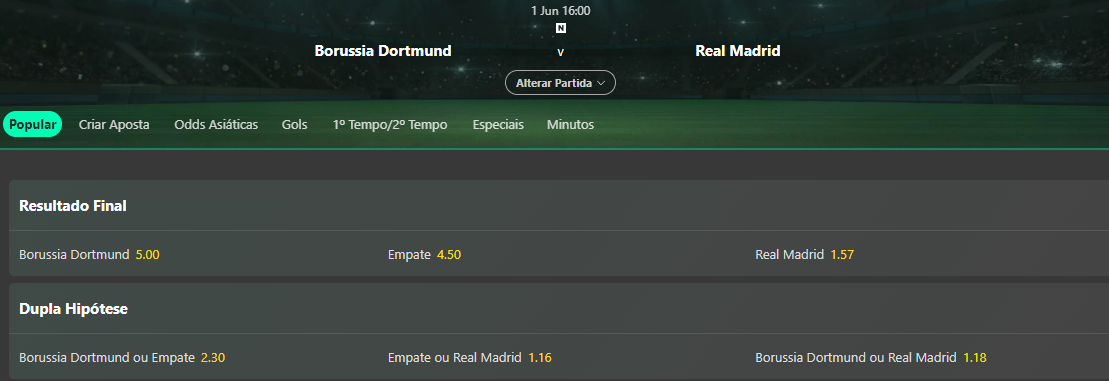 Borussia Dortmund e Real Madrid Cotações para Borussia Dortmund e Real Madrid na final da Champions