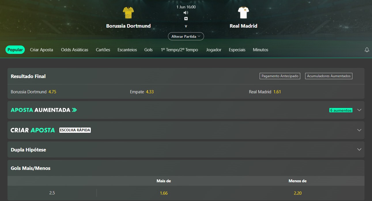 real-madrid-x-borussia-odds-bet365 Real Madrid e Borussia fazem final da Champions 2024.