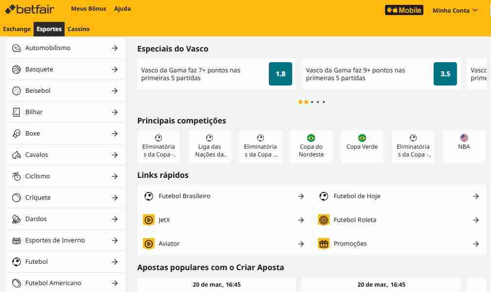 betfair-modalidades-esportivas Modalidades esportivas disponíveis no canto esquerdo da tela - Foto: Reprodução/ GO Apostas