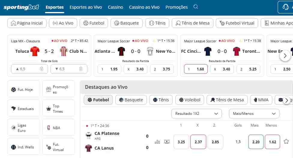 Página Inicial Sportingbet Esportes - Reprodução GO Apostas