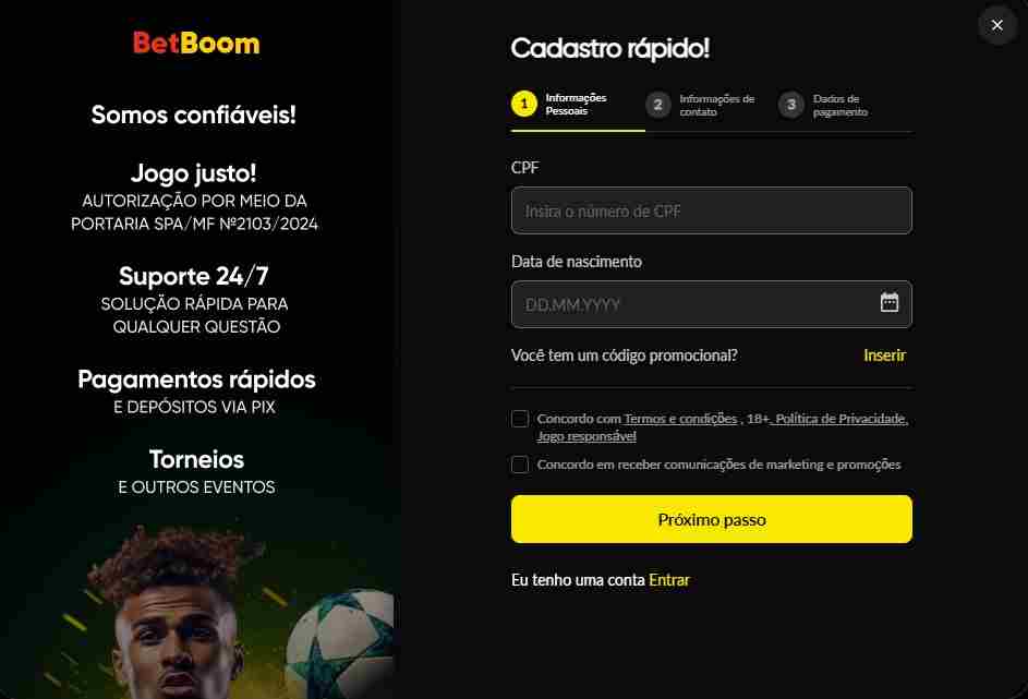 Faça seu cadastro na BetBoom - Reprodução/ GO Apostas