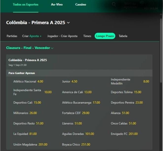 Favoritos Campeonato Colombiano 2025 - Bet365