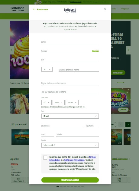 Site da Lottoland cadastro inicial