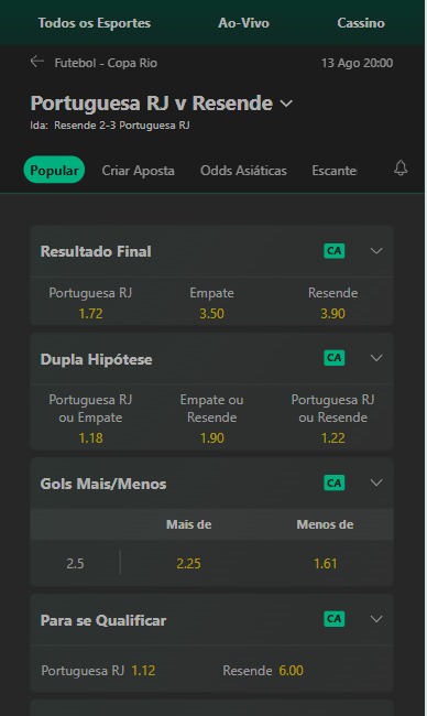 Apostar em Portuguesa-RJ x Resende Palpite - Bet365