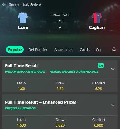 Lazio x Cagliari palpite