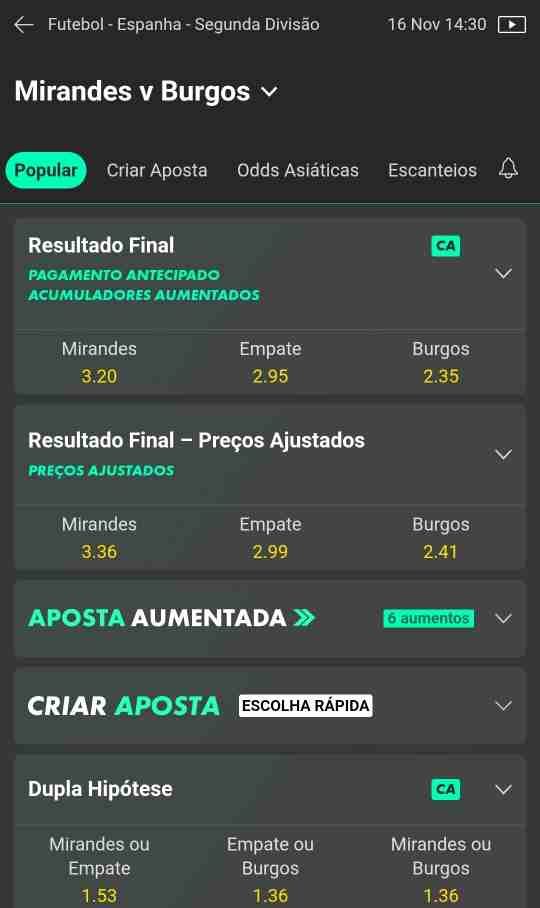 Mirandés x Burgos Odds Bet365