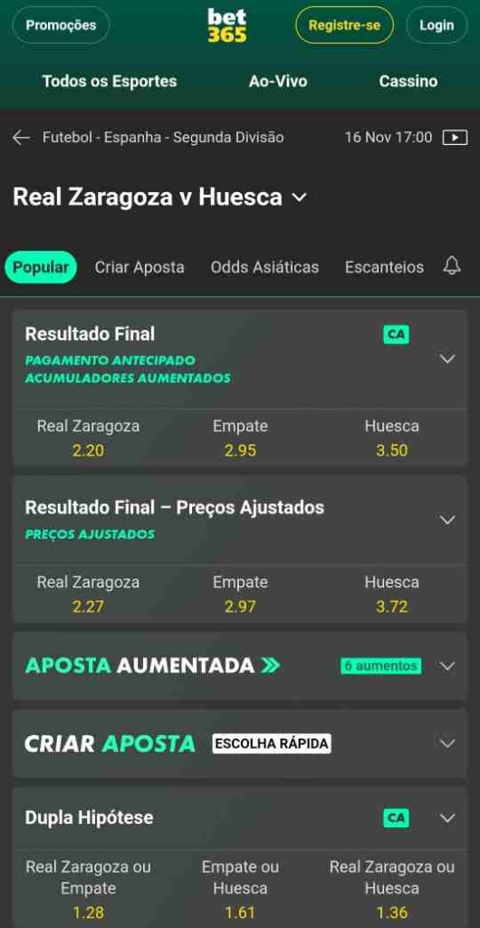 Real Zaragoza x Huesca Odds Bet365