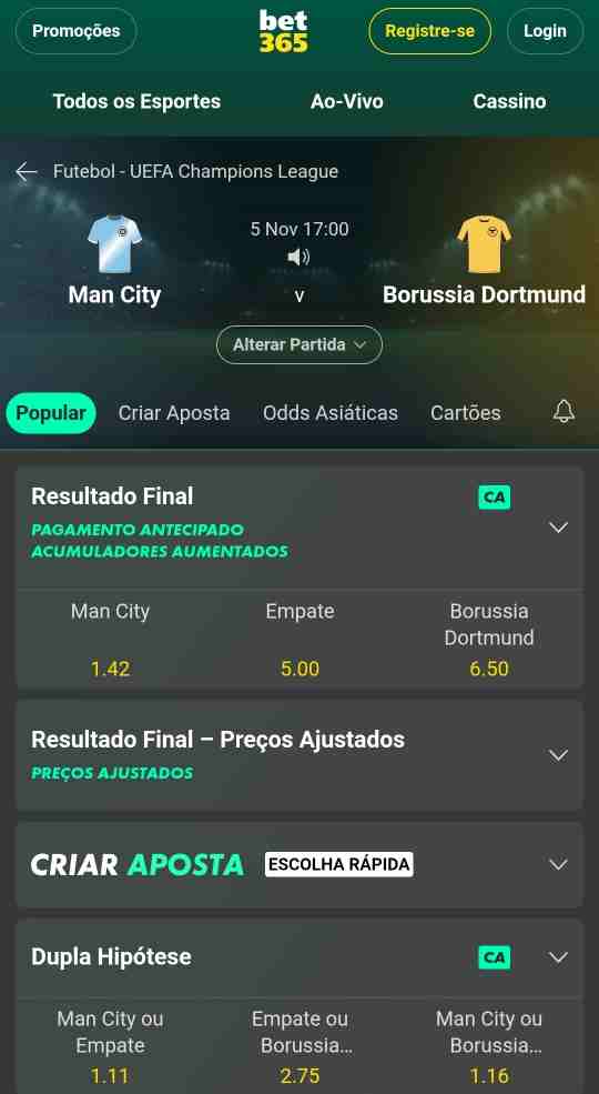 Manchester City x Dortmund Odds Bet365